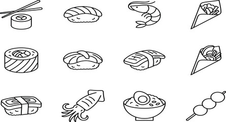  Japanese Food and Sushi Vector Outline Icon Set with Maki, Nigiri, Shrimp, Temaki, Squid, Ramen, and Chopsticks for Restaurant Menu Designs © MDTAREK