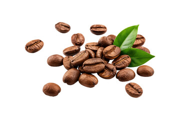 Naklejka premium Roasted coffee beans with fresh green leaves isolated on a white background. Premium coffee ingredient concept featuring aromatic roasted beans in various positions, clean composition, natural botanic