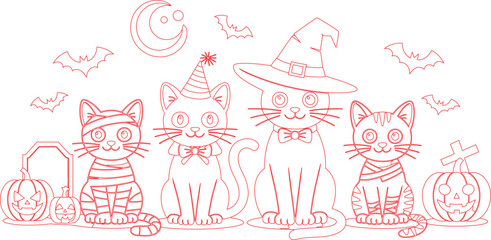 Fototapeta premium Four adorable cats dressed in Halloween costumes with pumpkins, tombstone, and bats