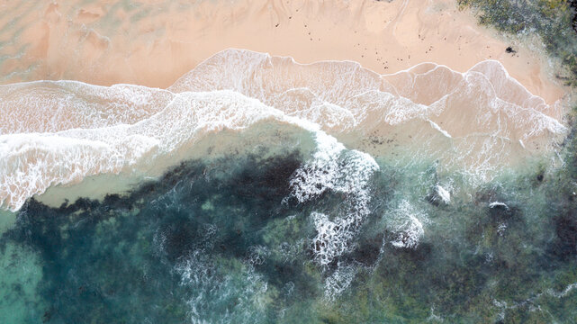 Aerial view of turquoise waves crashing on the sandy shore of Constantine Bay with rocky outcrops in Padstow, Cornwall, United Kingdom.