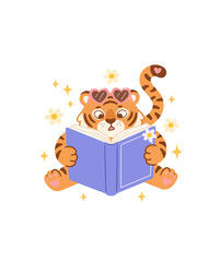Cute tiger reading book illustration, adorable cartoon animal with heart sunglasses, whimsical orange tiger cub studying with flowers and stars