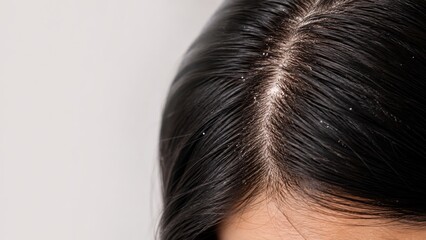 Fototapeta premium Mild Dandruff Flakes Along Center Hair Part of Woman With Black Hair Against White Background Close-Up