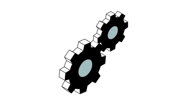 Isometric 3D mechanical gear system icon symbolizing industrial process teamwork and technical progress for business concepts