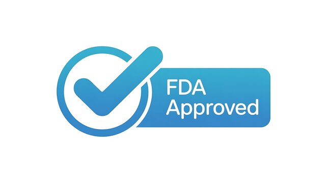 FDA approved icon, medical checkmark, blue verification symbol, healthcare compliance sign