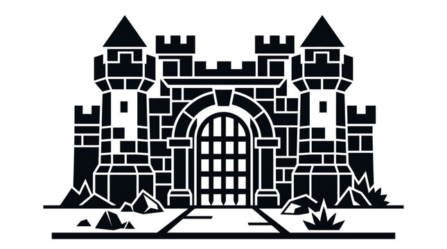 Black and white castle gate entrance.