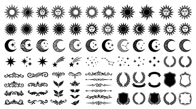 Black and white celestial icons set.