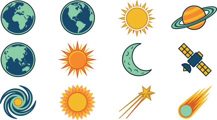 Outer Space and Astronomy Vector Icon Set Featuring Earth Globes Sun Moon Satellite Spiral Galaxy Comet and Shooting Star Graphics for Science Education © Sultana