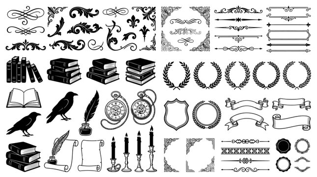 Various decorative vintage ornate objects icons.