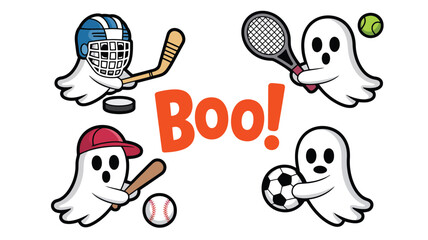 Fototapeta premium Four playful ghosts dressed for various sports activities including hockey tennis baseball and soccer