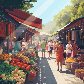 Vibrant outdoor market illustration with people shopping at fresh food stalls under sunny skies