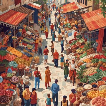 Vibrant Outdoor Market Scene Featuring Diverse People Browsing Fresh Organic Produce and Traditional Local Harvest Goods in a Bustling Town Square