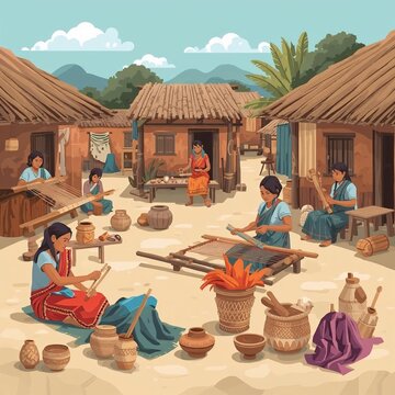 Vector illustration of local artisans weaving traditional textiles and making pottery in a rural village community setting