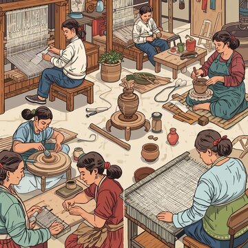 A collaborative artisan workshop featuring traditional pottery crafting and hand weaving techniques in a rustic studio setting