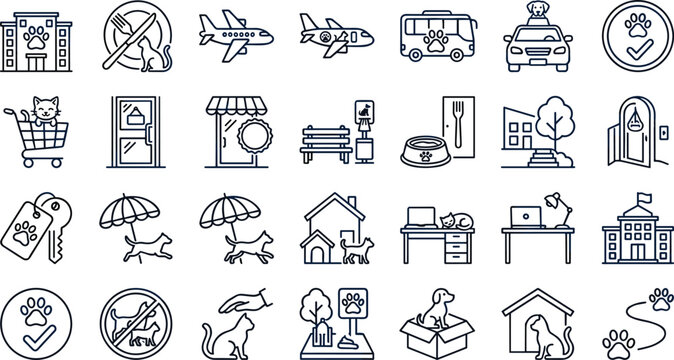 Pet Friendly Services and Rules Line Icon Set Featuring Travel Accommodation Transportation Public Places and Veterinary Business Signs for Web and Print Media