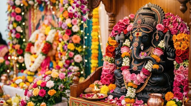Happy ganesh chaturthi celebration with beautifully decorated ganesha statue and colorful flowers