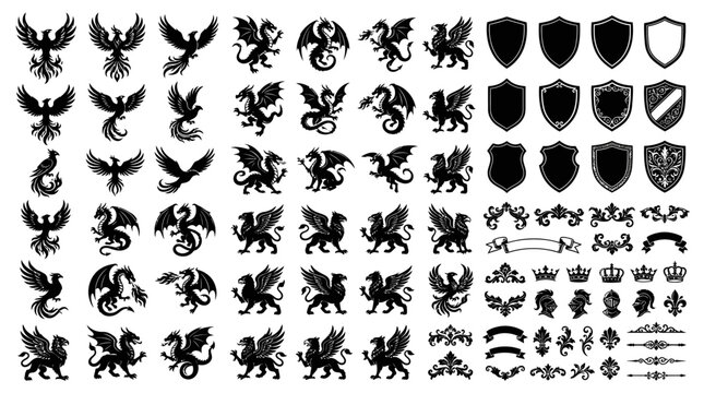Collection of heraldic animal crests shields.