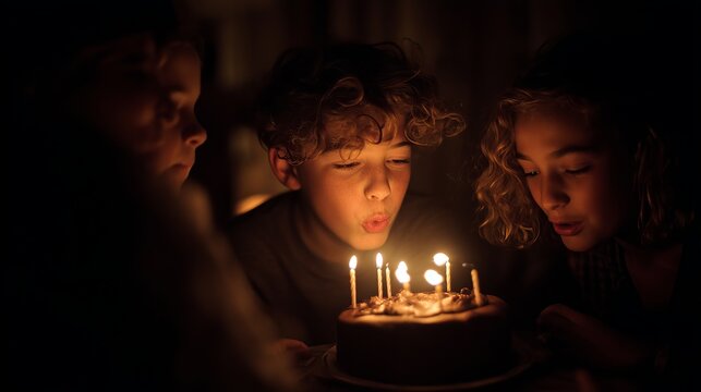 Three young children with curly hair blow out glowing candles on a dark chocolate birthday cake during a celebration