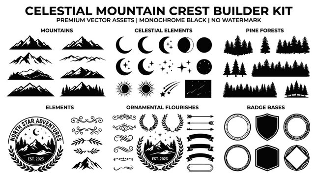 Black silhouette celestial mountain crest elements.