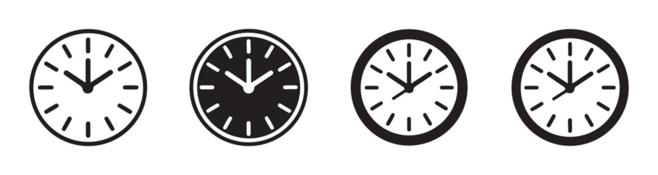 Analog clocks showing different times and styles on transparent background vector set.