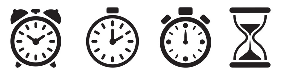 Set of black flat clock and stopwatch icons with hourglass symbol isolated on white background style. © Bd Artist