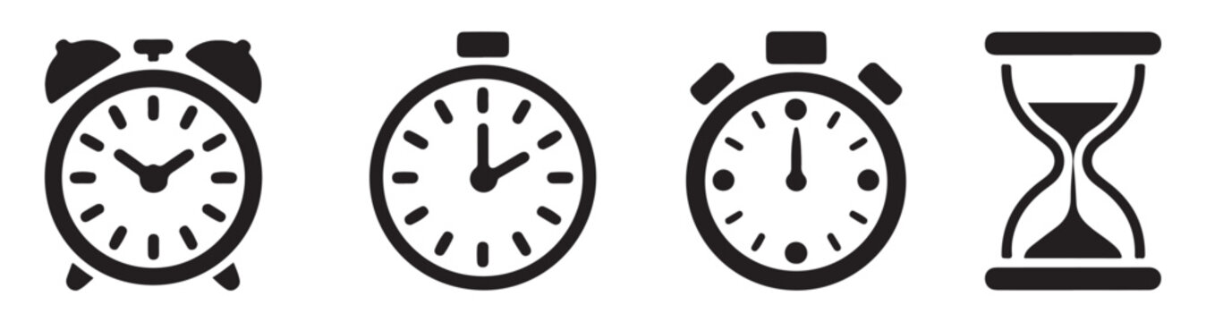 Set of black flat clock and stopwatch icons with hourglass symbol isolated on white background style.