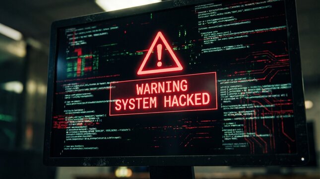Close-up of a computer screen displaying a warning message indicating system hacked with a red triangle and exclamation mark on a background of code