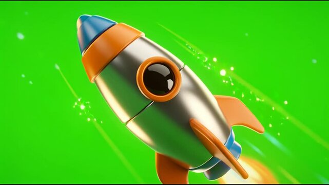 Stylized cartoon rocket ship flying on green screen background
