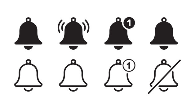Bell icon collection different states like active ringing notification and muted on transparent background.