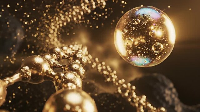 Abstract golden molecular structure with glowing spheres and particles in a dark background