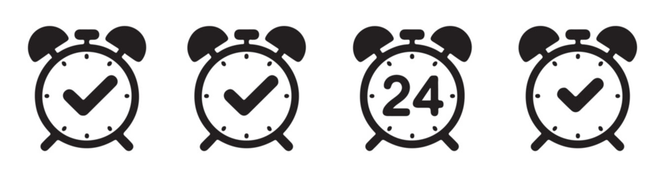 Alarm clock with check mark and 24 hours set isolated on transparent background black icon collection.