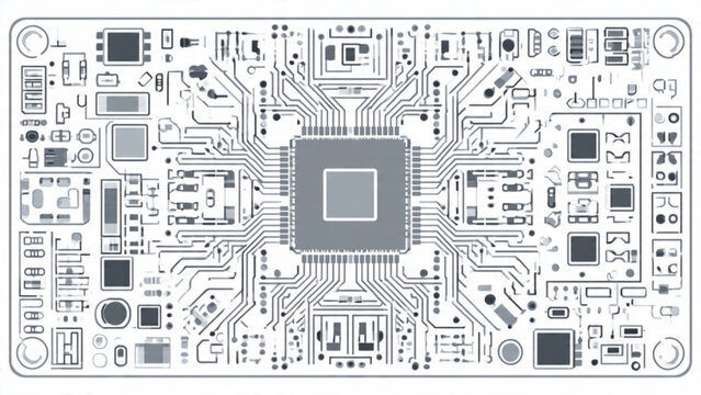 Close up of a microchip circuit board with electronic components and intricate pathways in gray tones