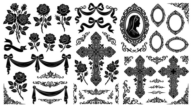 Black ornate cross and floral designs.