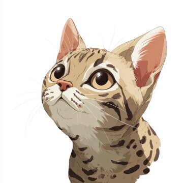 Close up portrait of a small wild cat with spotted fur and large curious eyes looking upwards on a white background