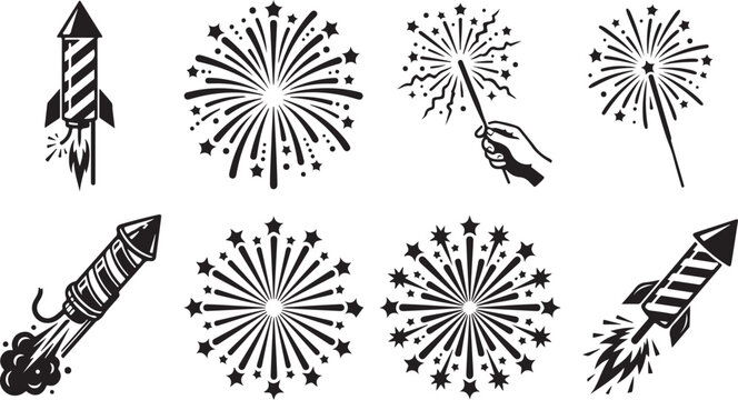 Fireworks, rockets, and explosive icons, black and white vector graphics, celebration elements, 8-piece set