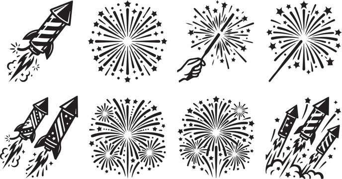 Fireworks, rockets, and explosions, black and white vector icons, illustrations, set of 10