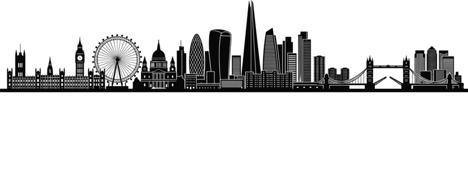 London city skyline silhouette vector illustration featuring famous United Kingdom landmarks tower bridge big ben and shard skyscraper