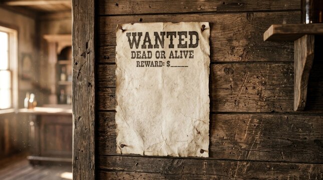 Wanted Poster on Rustic Wooden Wall in Old Western Town.