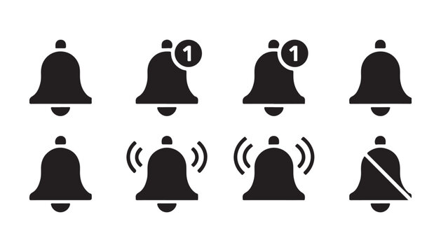 Diverse pack of bell notification icons featuring outline and solid styles for interface elements.