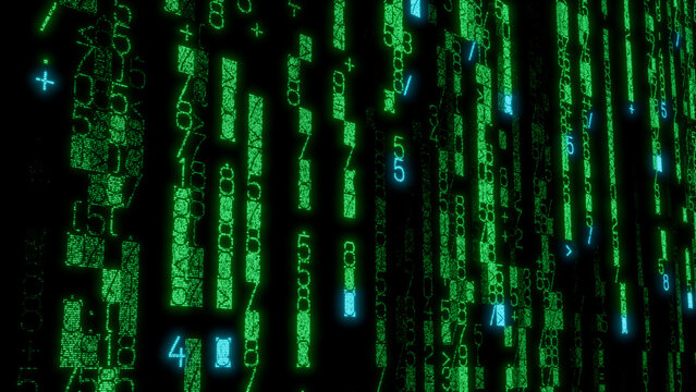 Side-Angle View of Dense Green and Blue Digital Matrix with Varied Pattern Sizes and Orientations on Dark Background for AI, Machine Learning, and Technology Applications