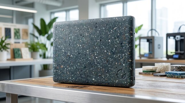 Laptop case made from recycled composite material with speckled texture, sustainable product design, eco-friendly technology accessory, circular economy concept