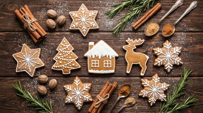 Decorated gingerbread cookies on rustic wooden table with holiday spices