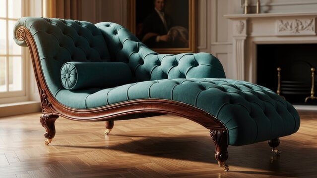 Ornate teal chaise lounge in a classical, sunlit room with a fireplace