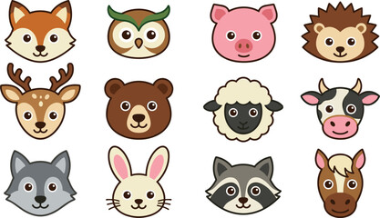 Fototapeta premium Cute wild and domestic animals head avatar portrait vector collection set featuring circular cartoon face icons of fox owl pig hedgehog deer bear sheep cow wolf rabbit raccoon and horse isolated on 