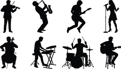 Musician silhouettes set featuring band performers playing instruments like guitar drums saxophone violin cello synthesizer and female singer. © MdMonjurul