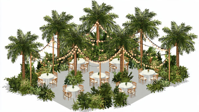 Outdoor tropical jungle themed party setup with string lights and lush green plants and trees for celebration or event decor
