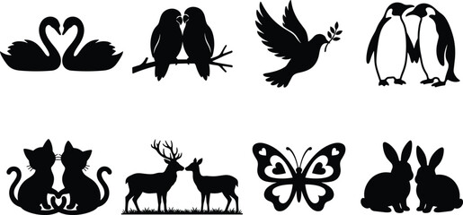 Romantic animal silhouettes set featuring love pairs including swans parrots penguins cats deer rabbits and a flying dove. © MdMonjurul