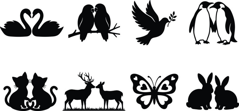 Romantic animal silhouettes set featuring love pairs including swans parrots penguins cats deer rabbits and a flying dove.