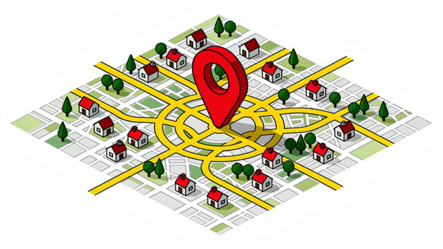 Colorful 3d map with red location marker and network roads for navigation planning