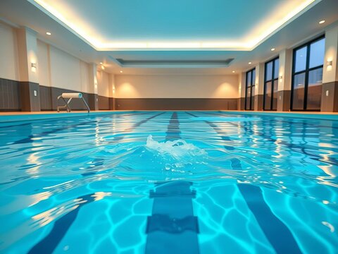 Indoor swimming pool with bright lighting, water rippling, sporty, breaststroke