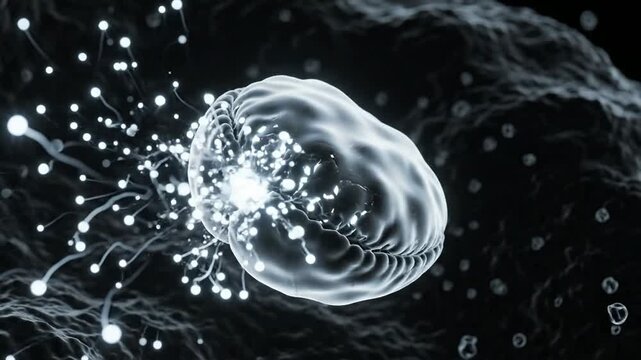 Glowing Mitochondrion Produces Energy Particles in Dark Cell Animation
